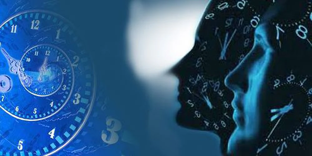 Two human profiles layered with clock faces, representing the relationship between circadian timing and human biology
