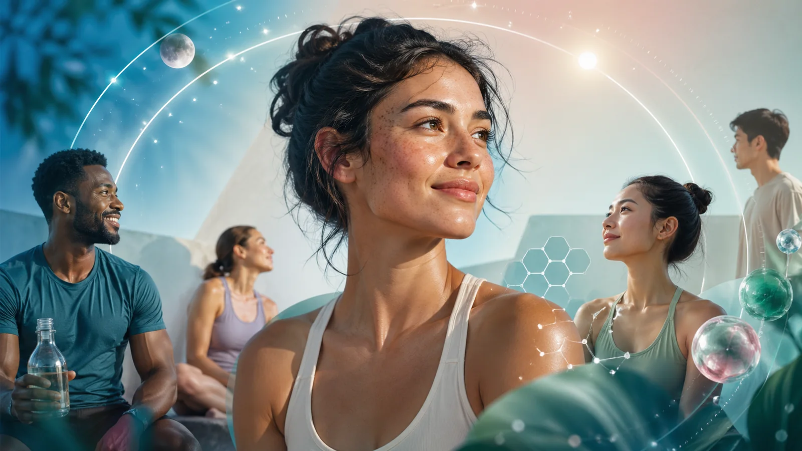 Inclusive DeepSense member community framed by a day-to-night circadian arc.