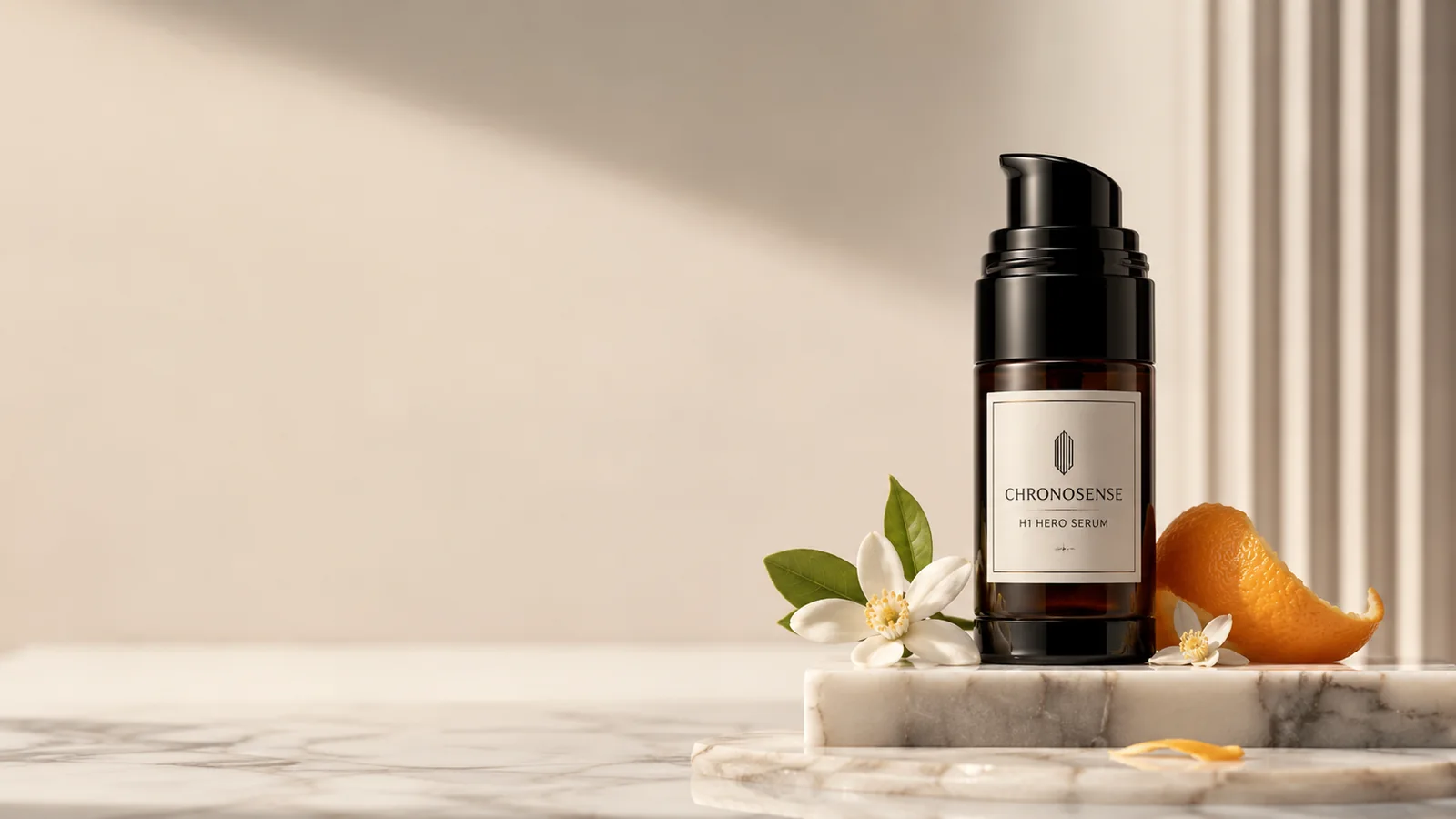 ChronoSense H1 Hero Serum presented with citrus blossom and peel.
