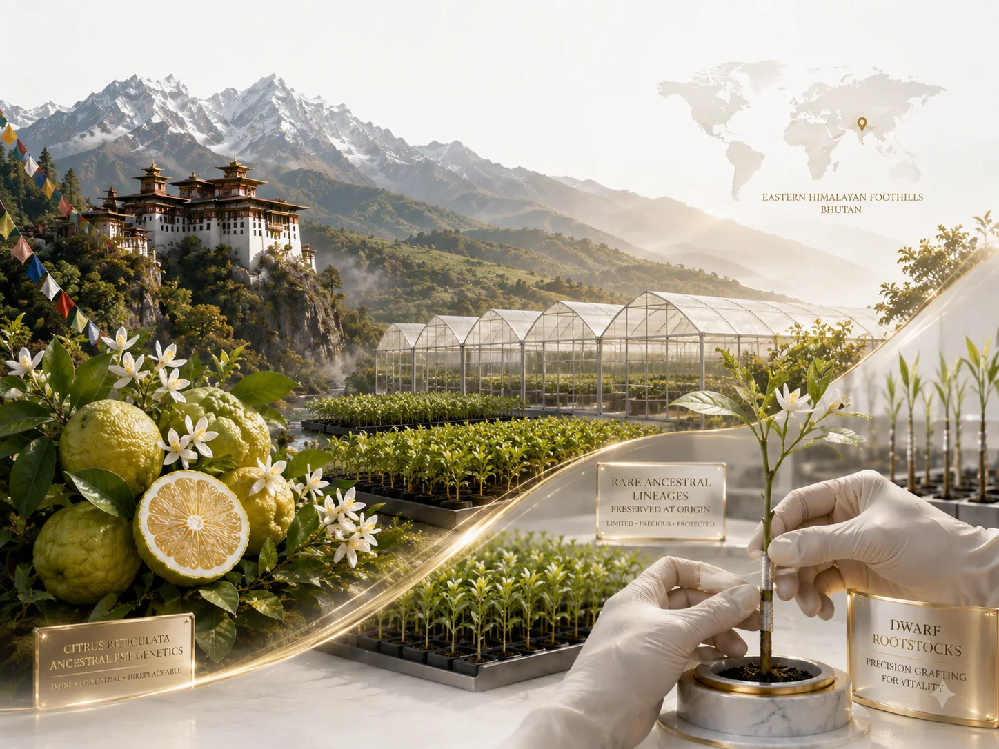 Rare ancestral citrus lineages, greenhouse cultivation and precision grafting in Bhutan.