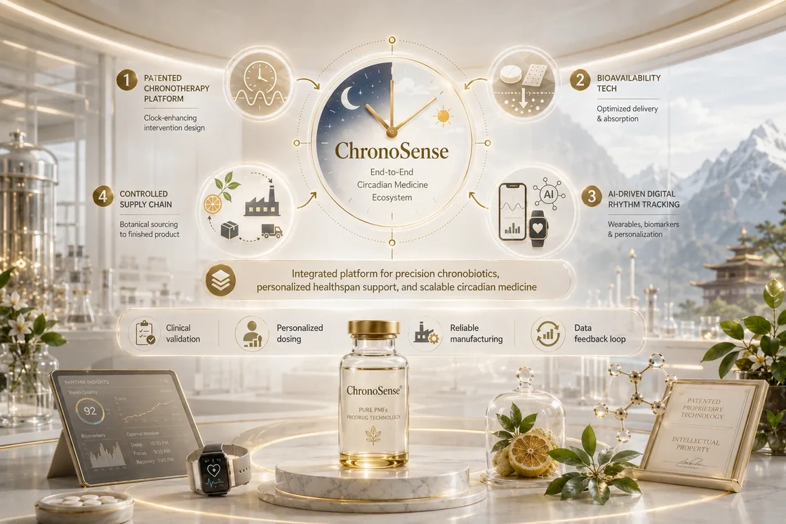 DeepSense ChronoSense ecosystem linking chronotherapy, delivery, personalization and controlled supply.