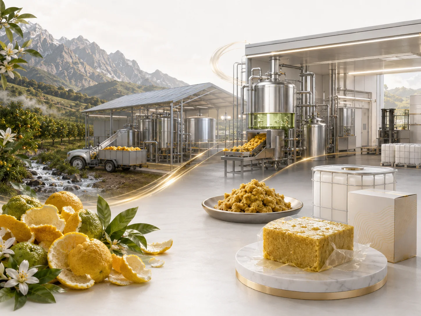 Citrus processing and regenerative extraction pathway near the orchard.